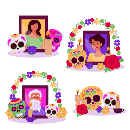 Vector set dedicated to the day of death: altars with portraits of deceased relativesのイラスト素材