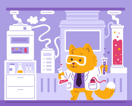 Cute cat scientist holds tubes of chemicals and making experiment in scientific laboratory, cartoon vector animal doctorのイラスト素材