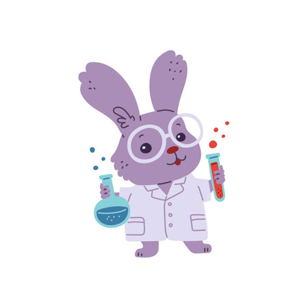 Cute hare scientist holds lab tubes of chemicals, vector cartoon rabbit in glasses and white coat laboratory animalのイラスト素材