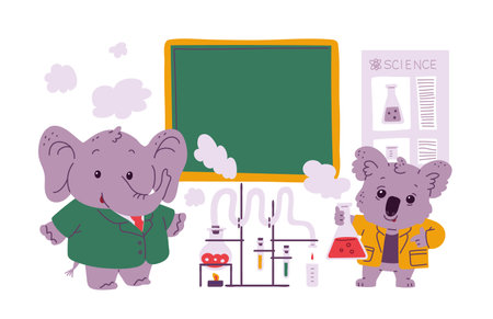 Cute elephant and koala scientist with tubes of chemicals and making laboratory experiment, vector cartoon animal doctorのイラスト素材