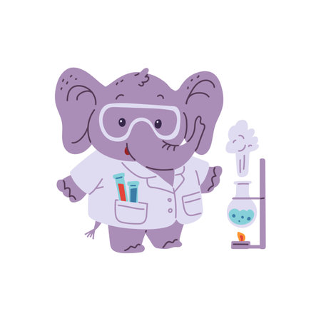 Vector cartoon elephant scientist with lab tubes of chemicals, making laboratory experiments by heating the chemicalのイラスト素材