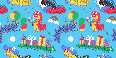 Cartoon bright vector seamless pattern with caterpillars, cute worm insect with tulips bouquet, gift boxes doodle drawnのイラスト素材