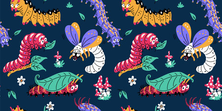 Cartoon seamless pattern with caterpillars different colors on floral background, cute larva worm insect doodle vectorのイラスト素材