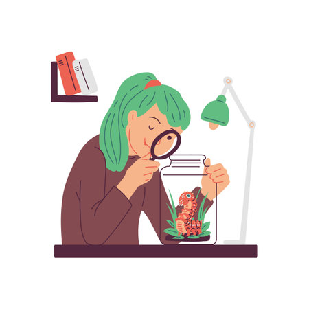 Girl looks through magnifying glass on spotted caterpillar in glass bottle, vector owner of worm insect pet doodle drawnのイラスト素材