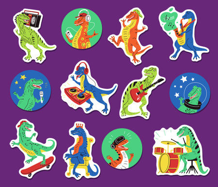 Vector sticker set with tyrannosaurs enjoying music, skateboarding, playing drums on a white background.のイラスト素材
