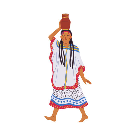 Vector c a woman in national dress carries a clay jug on her head.のイラスト素材