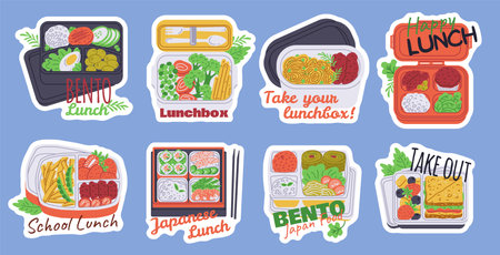 Vector illustration with stickers of bento lunches with sushi, rolls, rice, shrimp, fish and sticksのイラスト素材