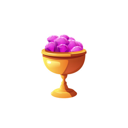 Award trophy gold cup with purple gemstones vector icon, champion glory, game winner treasures goblet with diamondsのイラスト素材