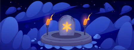 Ancient round stone altar, plate with six-pointed star and burning torches floating in night sky, vector game backgroundのイラスト素材