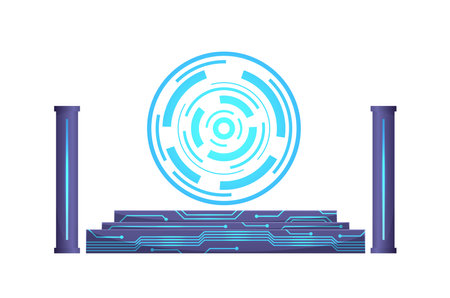 Altar futuristic cyber techno style, pedestal or platform with glowing circuit, vector digital hi-tech game backgroundのイラスト素材