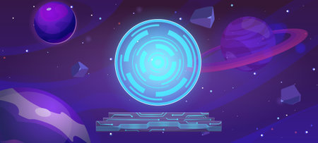 Altar futuristic cyber techno style in space, pedestal podium with glowing circuit circle, vector galaxy game backgroundのイラスト素材