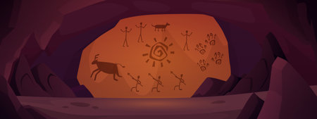 Vector illustration of an underground medieval cave with rock paintings.のイラスト素材