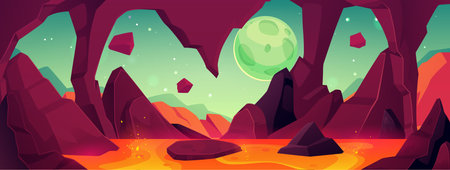 Cosmic alien landscape on space, planet view from cave with blazing magma, vector cartoon game underground backgroundのイラスト素材