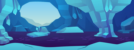 Vector illustration of an ice cave with a lake, boulders, a round passage and crystals.のイラスト素材