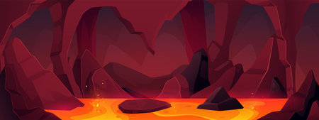 Fantasy cave landscape with blazing magma, cave with rocks, hot lava and burning liquid, vector infernal game backgroundのイラスト素材