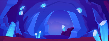 Dark cave with stalagmite, blue gem crystals in rocks, magic glowing exit or entrance hole tunnel, vector game landscapeのイラスト素材