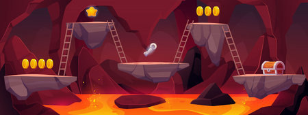 Fantasy cave landscape with blazing magma and rocks platforms with award achievements, vector cartoon game hell tunnelのイラスト素材