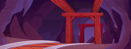 Mine tunnel, cave with railway, rocks, stone shaft tunnel with wooden planks construction, vector game backgroundのイラスト素材