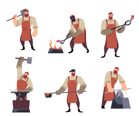 An illustrated collection depicting a master with an anvil, hammer and fireのイラスト素材