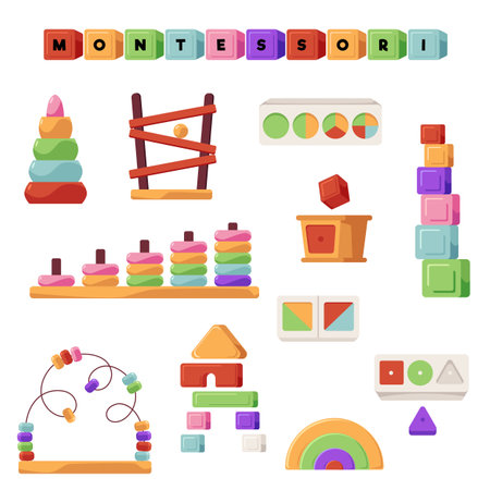 Montessori toys, logic games vector icons set, colorful pyramid toy tower construction, baby education and entertainmentのイラスト素材