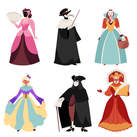People in traditional Venice carnival costumes vector flat set, Plague Doctor, princess, woman cat characters masqueradeのイラスト素材