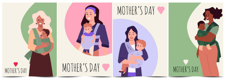 Set of vectors for Mothers Day, showing mothers lovingly holding their babies in slingsのイラスト素材