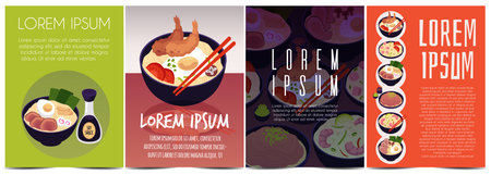 Set of vector posters: a traditional ramen bowl with noodles, shrimp, eggs, sausages and seaweedのイラスト素材
