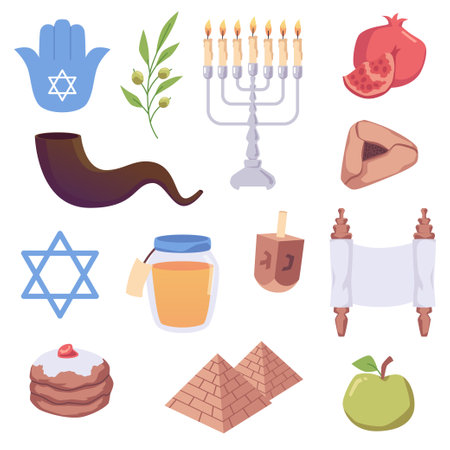 Jewish holiday traditional symbols set, Honey, Hamantaschen, Pesach, scroll, David star horn, Menorah candles Dreidelsのイラスト素材