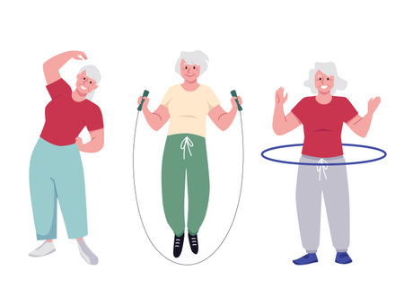 Senior women training with hoop, jump rope vector set, active retired character doing gymnastics exercises healthy sportのイラスト素材