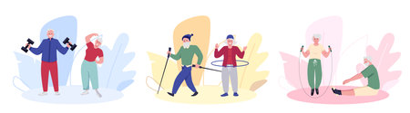 A set of health-oriented vector graphics depicting elderly people doing sports on a white background.のイラスト素材