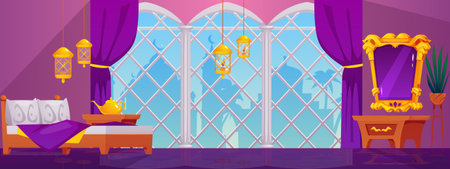 Magic mirror with floral golden ornate frame, vector oriental bedroom interior, eastern arch windows, antique lanternsのイラスト素材