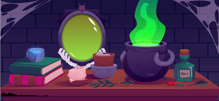 Antique magic mirror with black frame decorated bones and bat, vector witchcraft accessory cauldron, potion, spell booksのイラスト素材