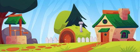 Cartoon huts and draw-well in fairy village, vector cute dwarf houses, rural dwellings in forest, game farm backgroundのイラスト素材