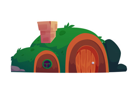 Vector illustration of a charming house covered with green grass in a fabulous styleのイラスト素材