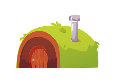Cartoon game hut from fairy village, vector small fairy tale house with door chimney and rounded roof covered with grassのイラスト素材