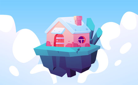 Vector illustration of a flying ice platform with a cute pink house and crystals.のイラスト素材