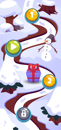 A vector map of the game levels with a vertical image of the winter landscape.のイラスト素材