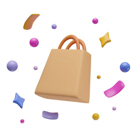 Realistic paper shopping bag with confetti 3D cartoon plastic style vector icon, carrying handle bag festive backgroundのイラスト素材