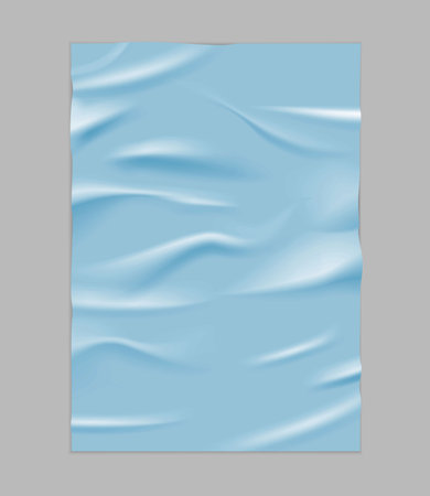 Paper wrinkled poster or flyer, glued wrinkles rectangle blue poster, vector realistic wet paper sheet crumpled textureのイラスト素材