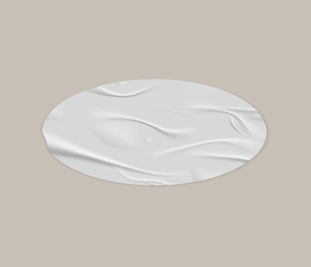Glued wrinkles round white paper sticker vector realistic icon, oval label tape crumpled texture, empty adhesive tagのイラスト素材