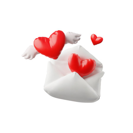 Inflated red heart with wings, an envelope. 3d icon.