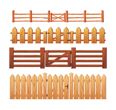 Vector illustration of a set of wooden brown fences, different shapes, with a wicket.のイラスト素材