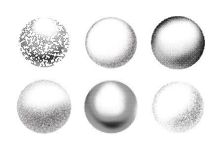 Grainy gradient pattern from dots circle shape vector set, black dot grain texture, abstract noise stipple effect sphereのイラスト素材