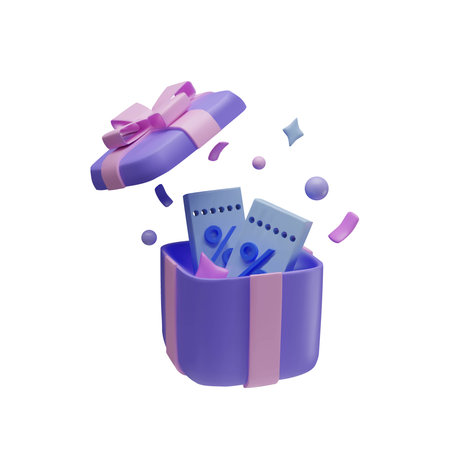 3D coupons in a gift box with a bow and confetti on a white background.