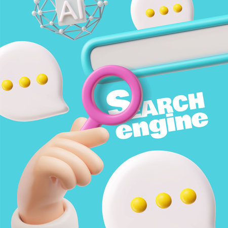 A 3D of search engine with a magnifying glass in hand above a pop-up message.のイラスト素材