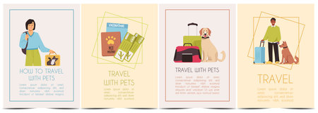 Illustration of a set of posters with images of people, luggage, tickets and passports, with pets.のイラスト素材
