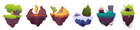 Level platform with gravestone, flame award, cactus in dunes, cartoon winter summer floating land game island vector setのイラスト素材