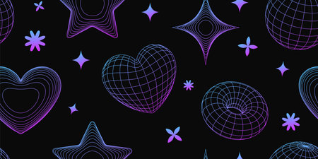 3d wireframe shapes of heart, star, hoop. Seamless pattern.のイラスト素材