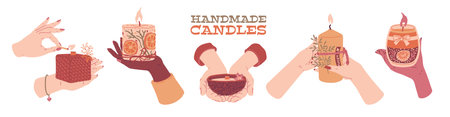 Aroma candles perfume fragrance in hands, burning candles decorated with rope bow and flowers, aromatherapy vector setのイラスト素材