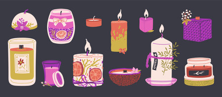Aromatic perfume fragrance candles flat vector set, burning candles decorated with flowers, fruits and organic materialsのイラスト素材